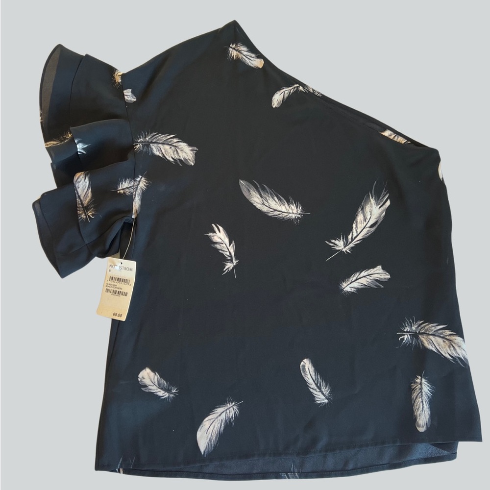 NEW! Trouve one shoulder black top with white feather design